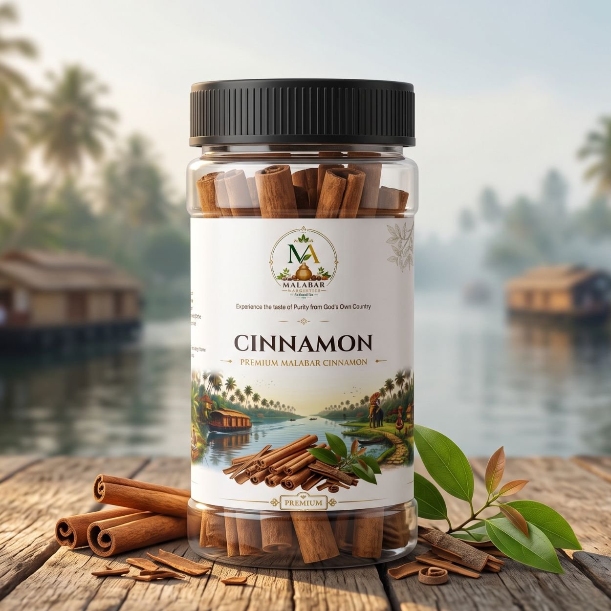 Malabar Aromatics 125g premium cinnamon jars displayed in a row showing front, ingredient benefits, and packagin