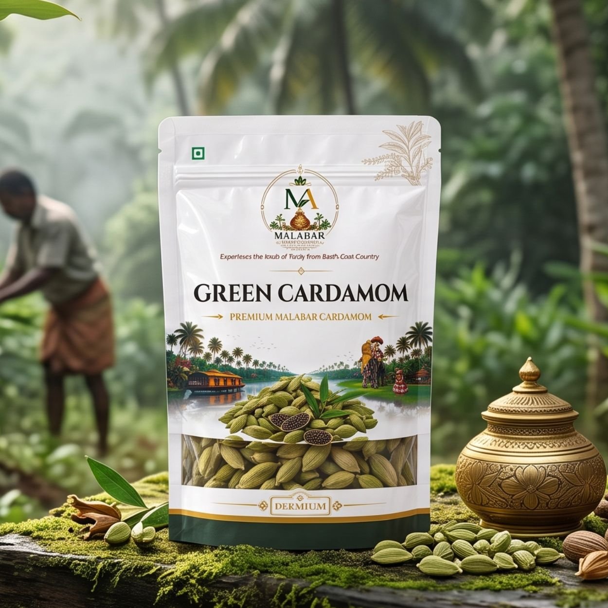 aromatic-whole-elaichi-green-cardamom-pods-vacuum-barrier-stand-up-pouch-malabar-aromatics-rustic-wooden-platform-d
