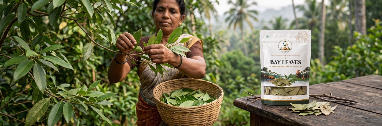 Malabar Aromatics aromatic bay leaves pouch woman farmer hand picking harvest basket