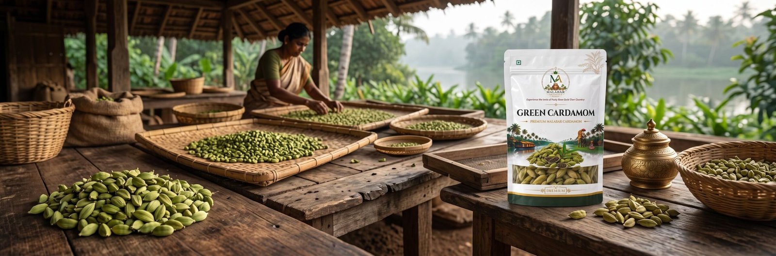 Malabar Aromatics cardamom bay leaves traditional bamboo sieve sun drying process
