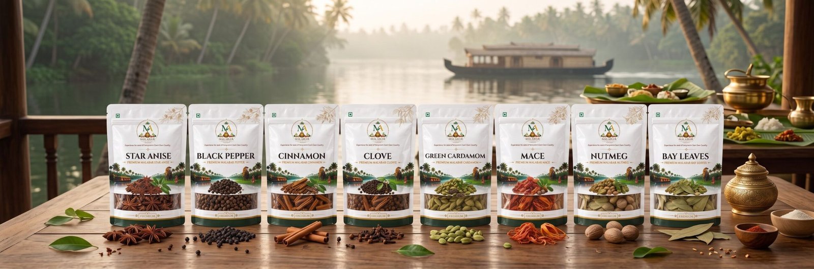 malabar-aromatics-complete-whole-spices-range-pouches-authentic-houseboat-alleppey-backwaters-view