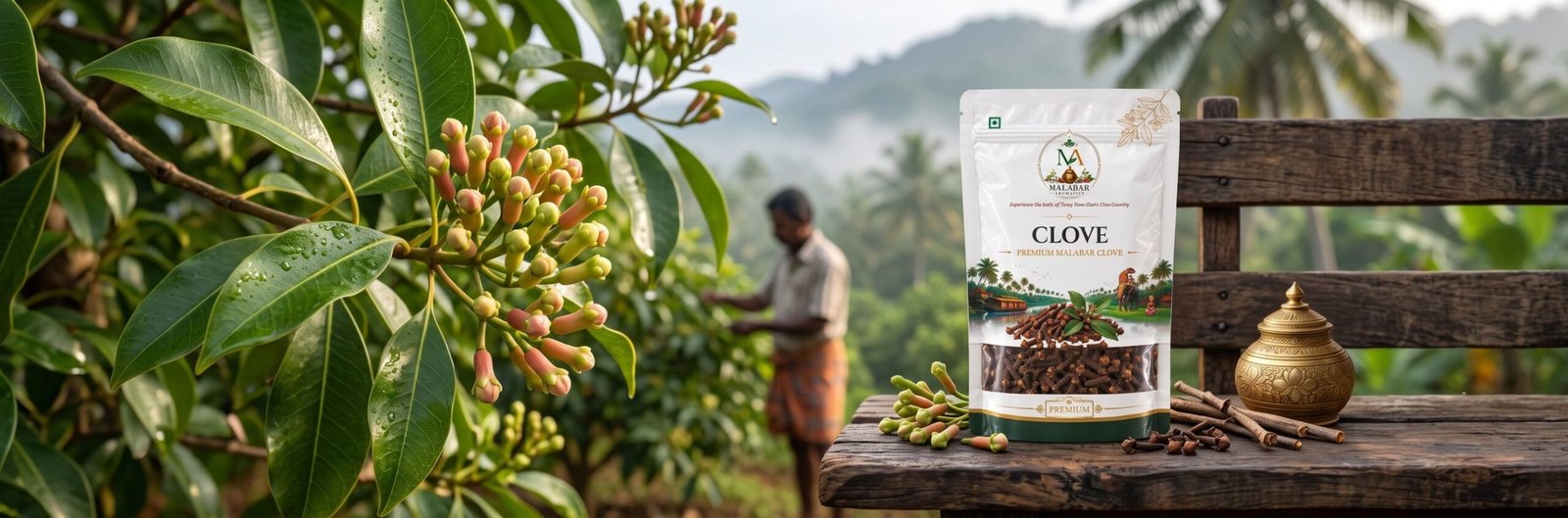 malabar-aromatics-whole-clove-laung-spice-pouch-fresh-clove-plantation-harvest-wooden-bench