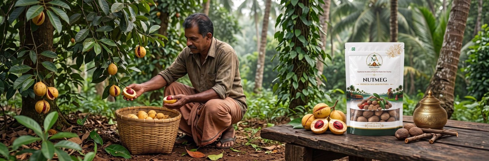 Malabar Aromatics whole nutmeg jaiphal pouch farmer harvesting orchard estate